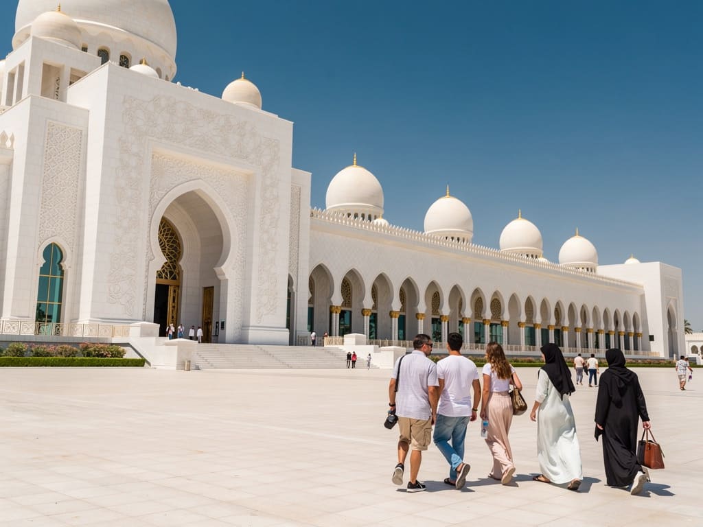 Visitors approaching the white exterior of Qasr Al Watan in Abu Dhabi