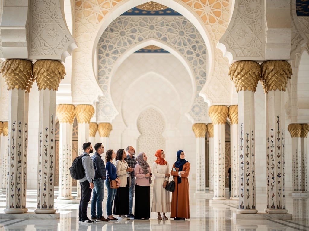 A small guided group viewing ornate palace architecture in Abu Dhabi
